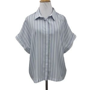 Essentialist Shirt Womens L Large Stripe Hidden Button Boxy Short Sleeve Cuffed